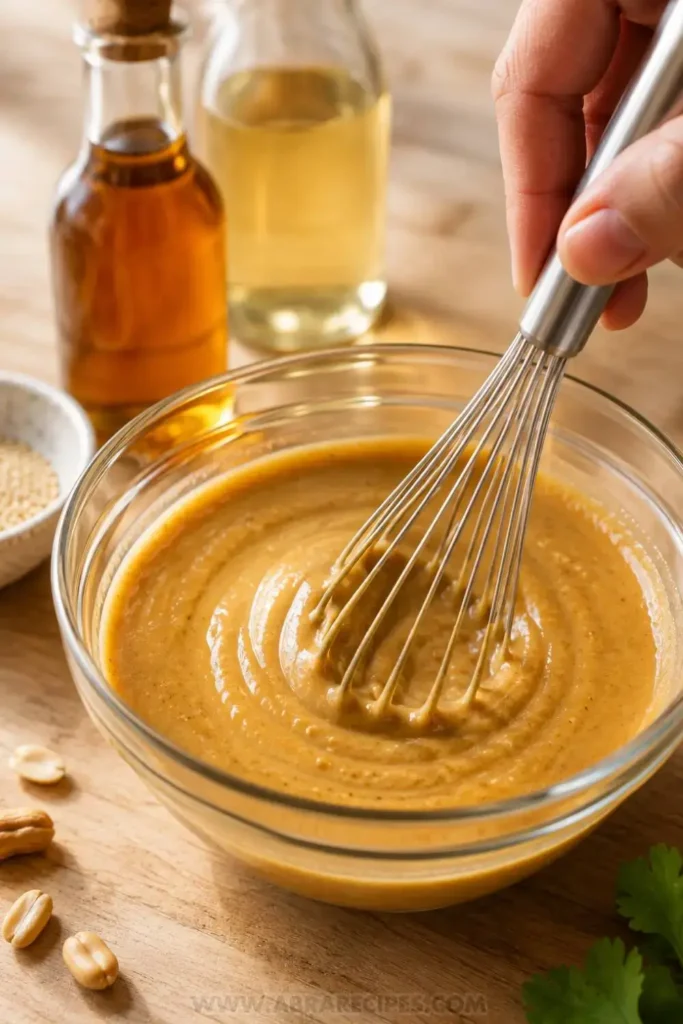 Whisking peanut butter sesame oil and rice vinegar dressing in a glass bowl for Asian coleslaw