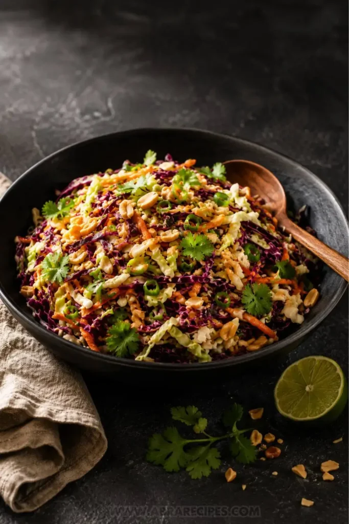 Asian coleslaw in a matte black bowl with purple cabbage, carrots, toasted peanuts, cilantro, and a wooden spoon