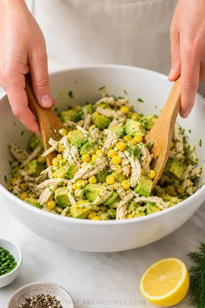 Mixing avocado chicken salad ingredients with lemon dressing in a large bowl