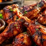 Smoky grilled BBQ chicken drumsticks glazed with homemade barbecue sauce on a rustic platter.