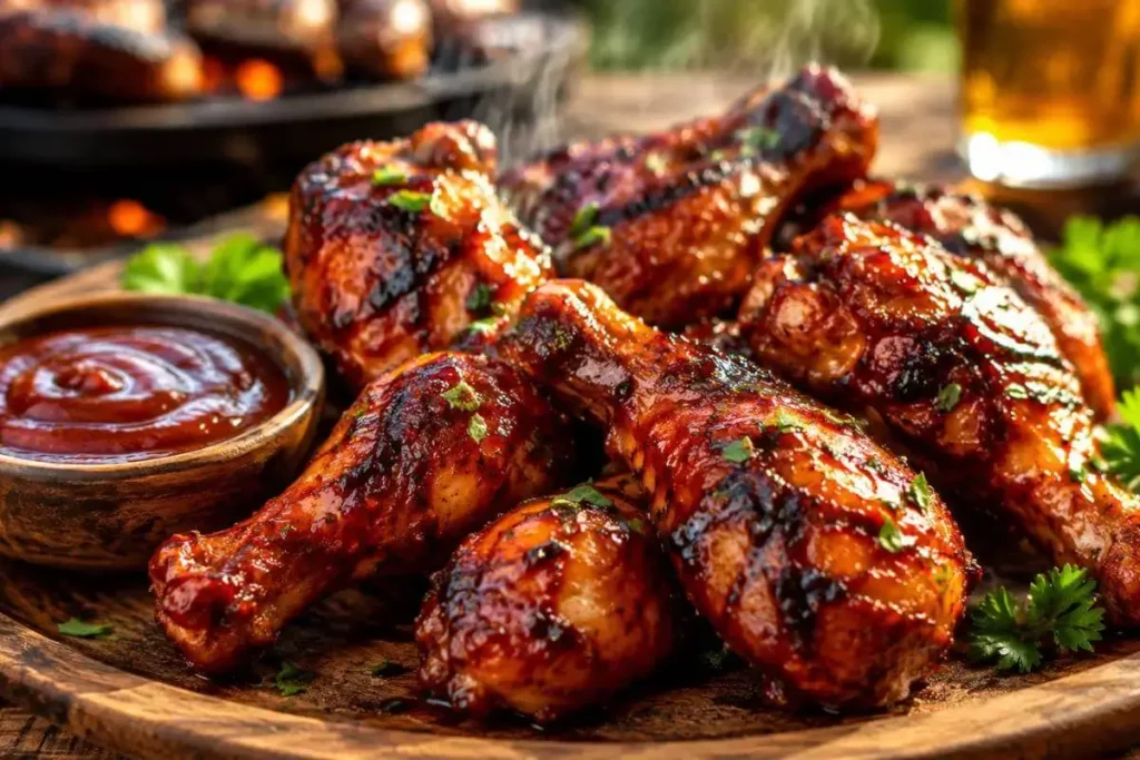 Smoky grilled BBQ chicken drumsticks glazed with homemade barbecue sauce on a rustic platter.