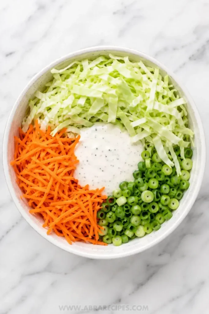 Ranch slaw ingredients in a white bowl with shredded cabbage, carrots, green onions, and ranch dressing