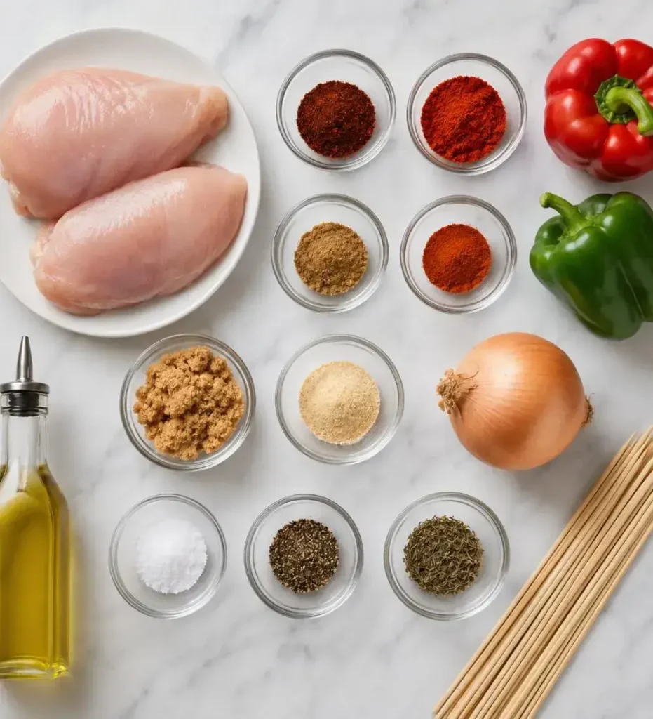 Overhead flat lay of all BBQ chicken skewer ingredients including spices, chicken breasts, peppers, and onions