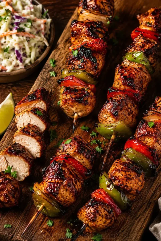 Platter of finished BBQ chicken skewers with caramelized dry rub crust served alongside coleslaw and lime
