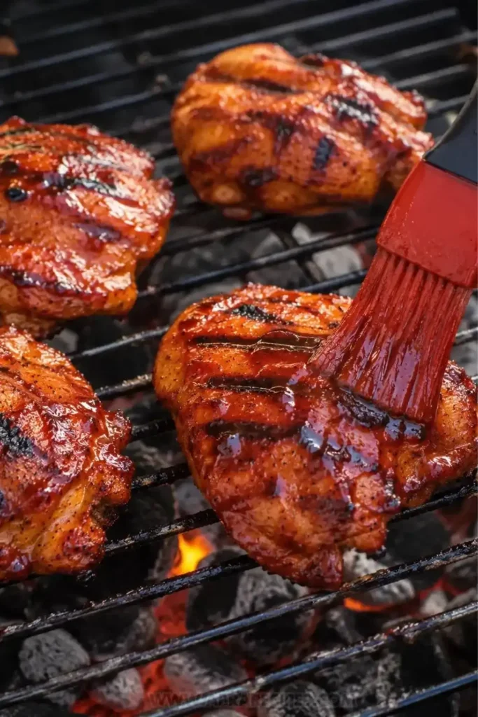 Basting BBQ chicken thighs with sauce on a hot grill