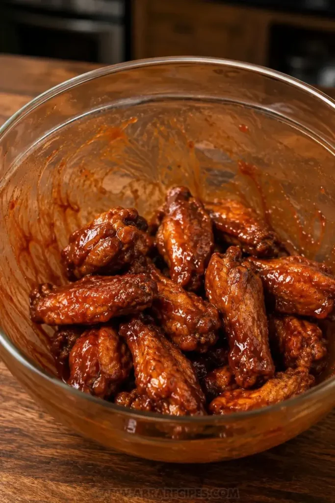 Baked chicken wings being tossed in homemade BBQ sauce in a large glass bowl