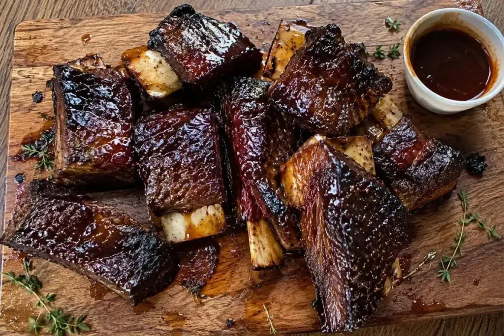 Glazed BBQ ribs in the oven, tender boneless beef short ribs with caramelized sauce on a wooden board