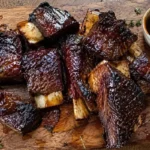 Glazed BBQ ribs in the oven, tender boneless beef short ribs with caramelized sauce on a wooden board
