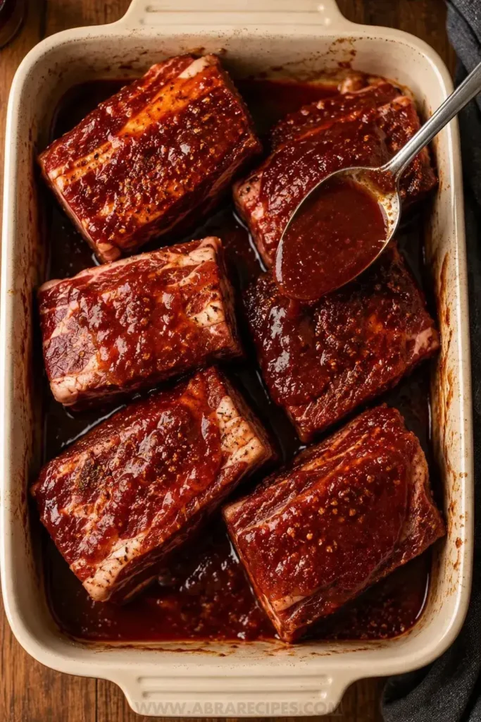 Boneless beef short ribs being coated in homemade BBQ sauce inside a baking dish before oven roasting