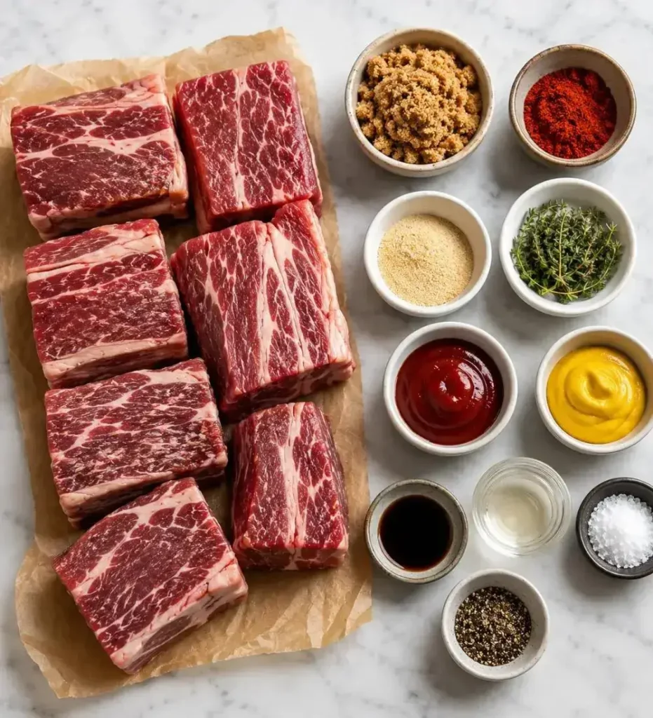 All ingredients for BBQ ribs in the oven including boneless beef short ribs, brown sugar, ketchup, paprika, and Worcestershire sauce