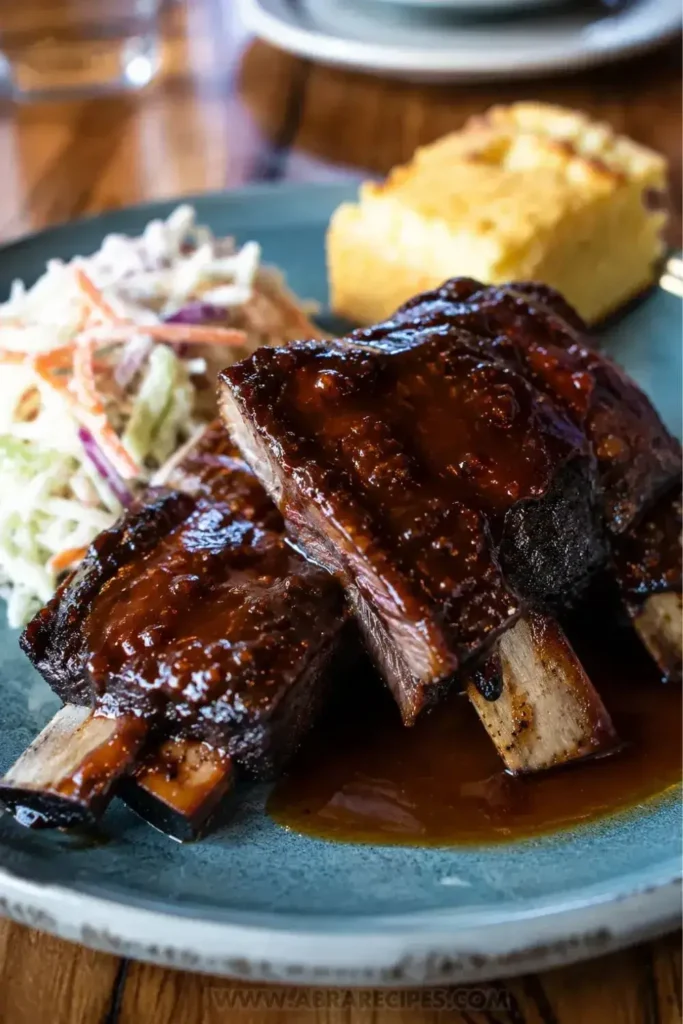 Plated oven BBQ beef short ribs with caramelized glaze served with coleslaw and cornbread