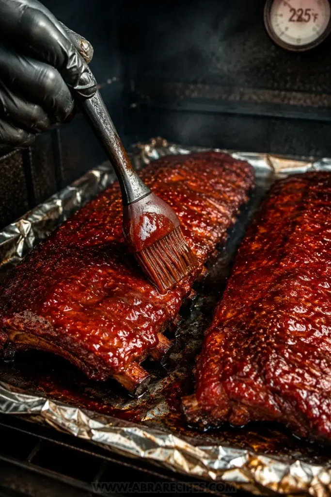 Brushing BBQ sauce onto beef baby back ribs during the final phase inside the smoker
