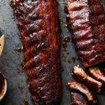 Sliced beef baby back ribs glazed with BBQ sauce