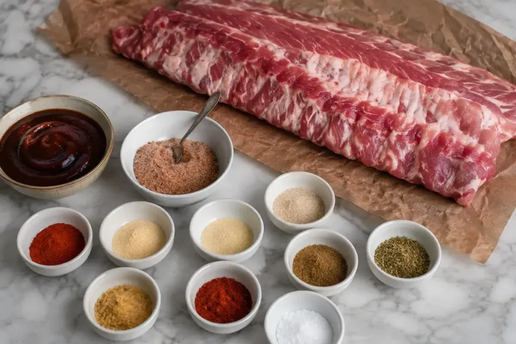 Spice rub ingredients for beef baby back ribs including smoked paprika garlic powder and cayenne in small bowls