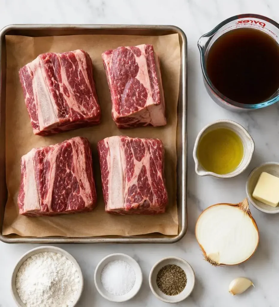 All ingredients for braised beef short ribs recipe laid out on white marble including raw ribs, flour, onion, garlic, butter, and beef stock