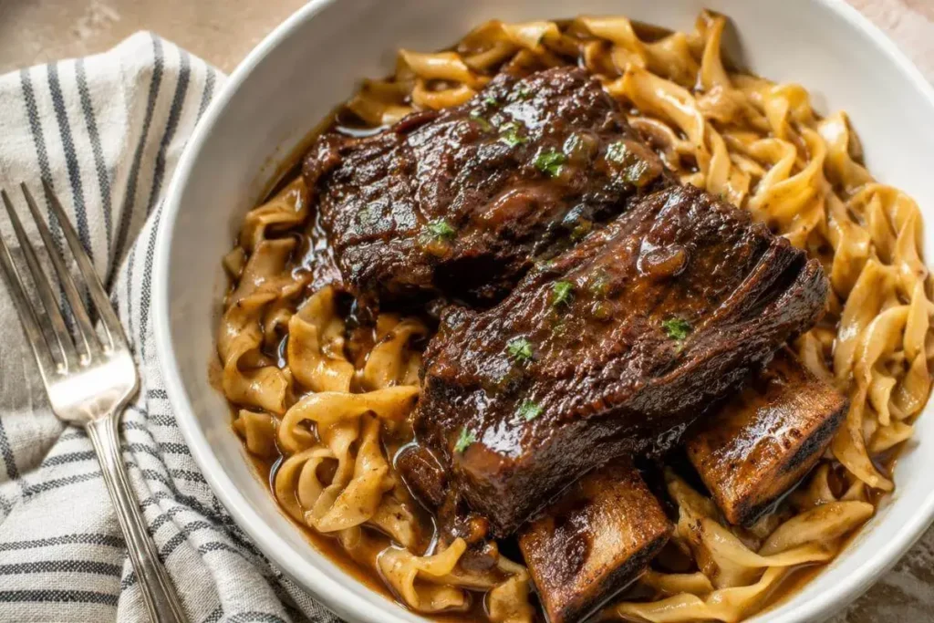 raised beef short ribs served over egg noodles with rich brown sauce in a white bowl
