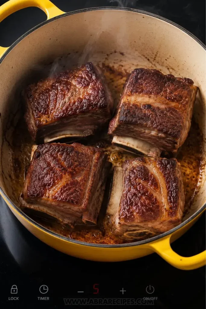 Beef short ribs searing in a yellow Dutch oven forming a deep brown crust on the stovetop