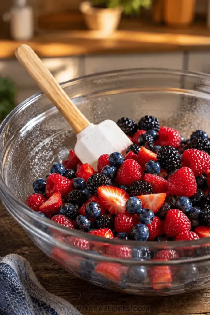 fresh berry fruit salad with rubber spatula in a glass mixing bowl