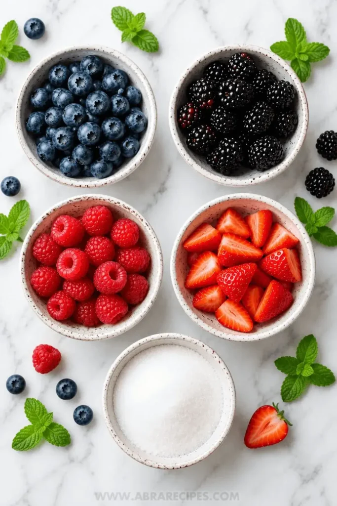 Flat-lay of fresh strawberries, blueberries, raspberries, blackberries, and sugar for berry fruit salad recipe