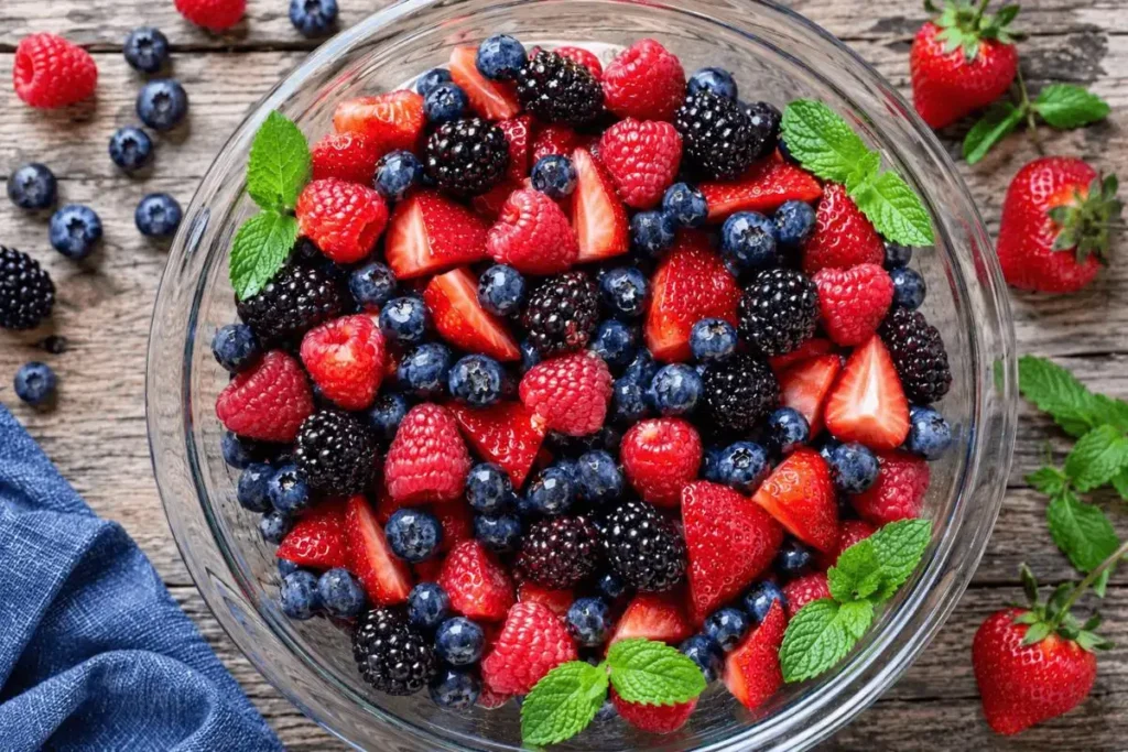 Overhead view of fresh berry fruit salad with strawberries, blueberries, raspberries, and blackberries in a glass bowl