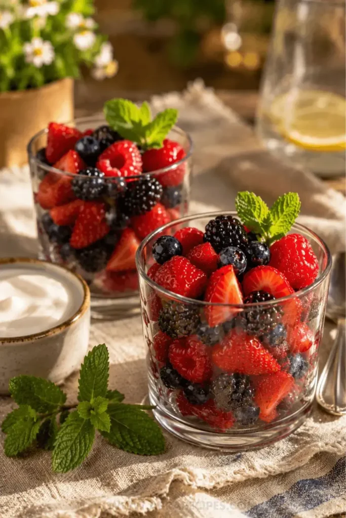 Berry fruit salad served in two glass cups with Greek yogurt and fresh mint on a summer table
