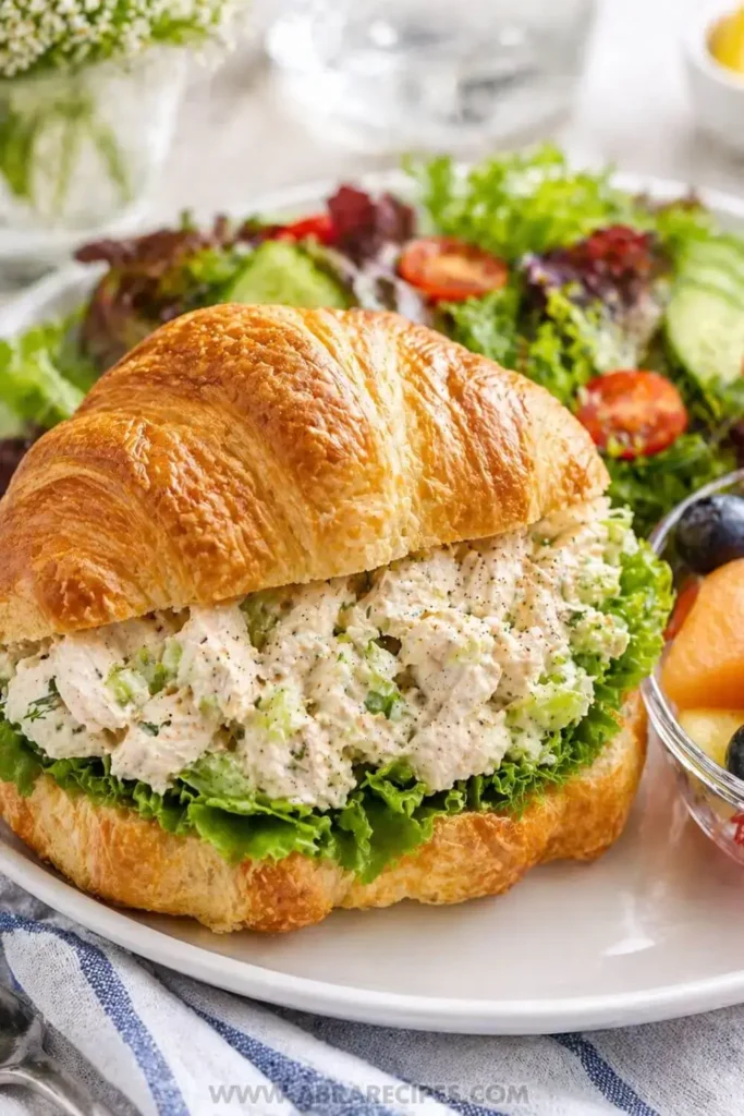 Best classic chicken salad sandwich on croissant with fresh sides