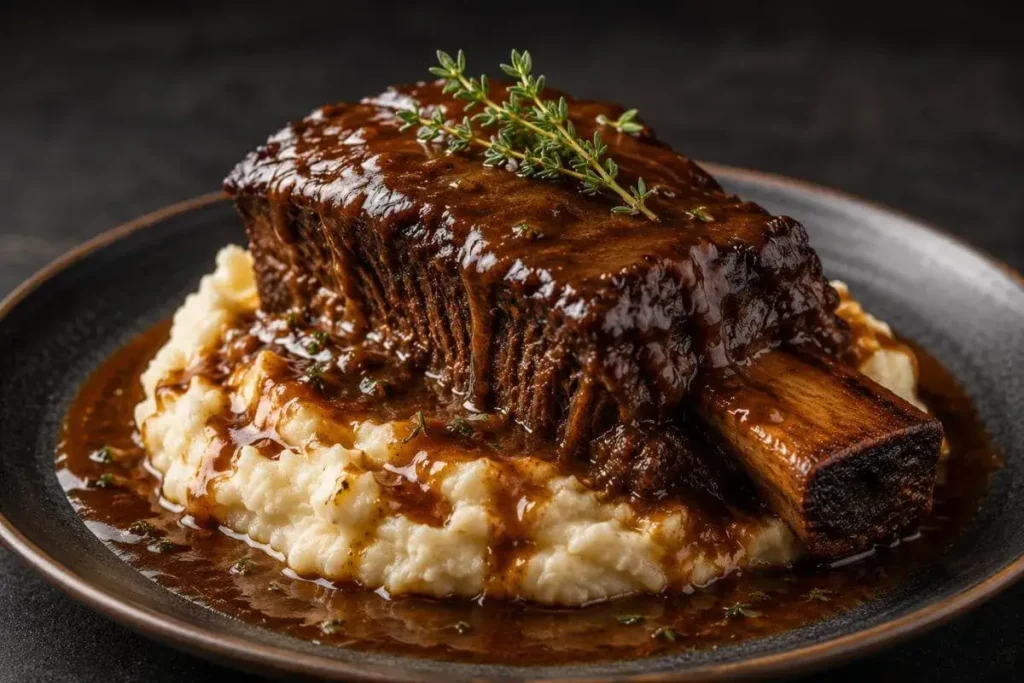 Braised beef short rib plated on creamy mashed potatoes with rich brown sauce and fresh thyme garnish