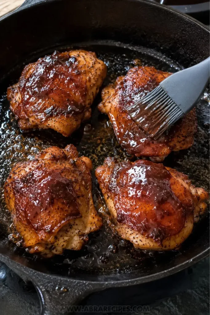 Silicone brush applying BBQ sauce to seared chicken thighs in a black skillet