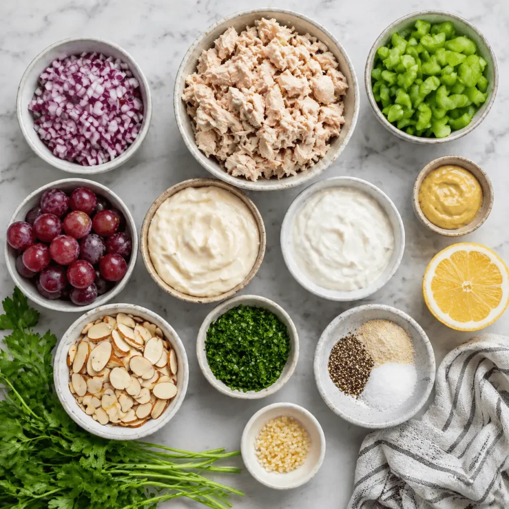 Ingredients for canned chicken salad including chicken celery mayo and grapes