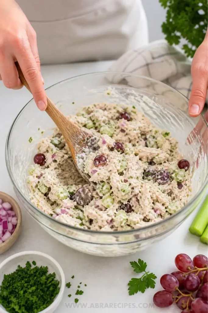Mixing canned chicken salad ingredients in bowl
