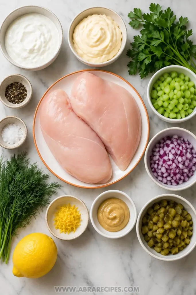 Fresh ingredients for best chicken salad recipe including chicken celery dill and lemon