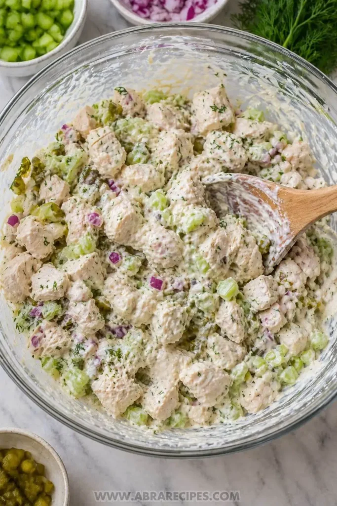 Mixing chicken salad ingredients with creamy dressing in bowl