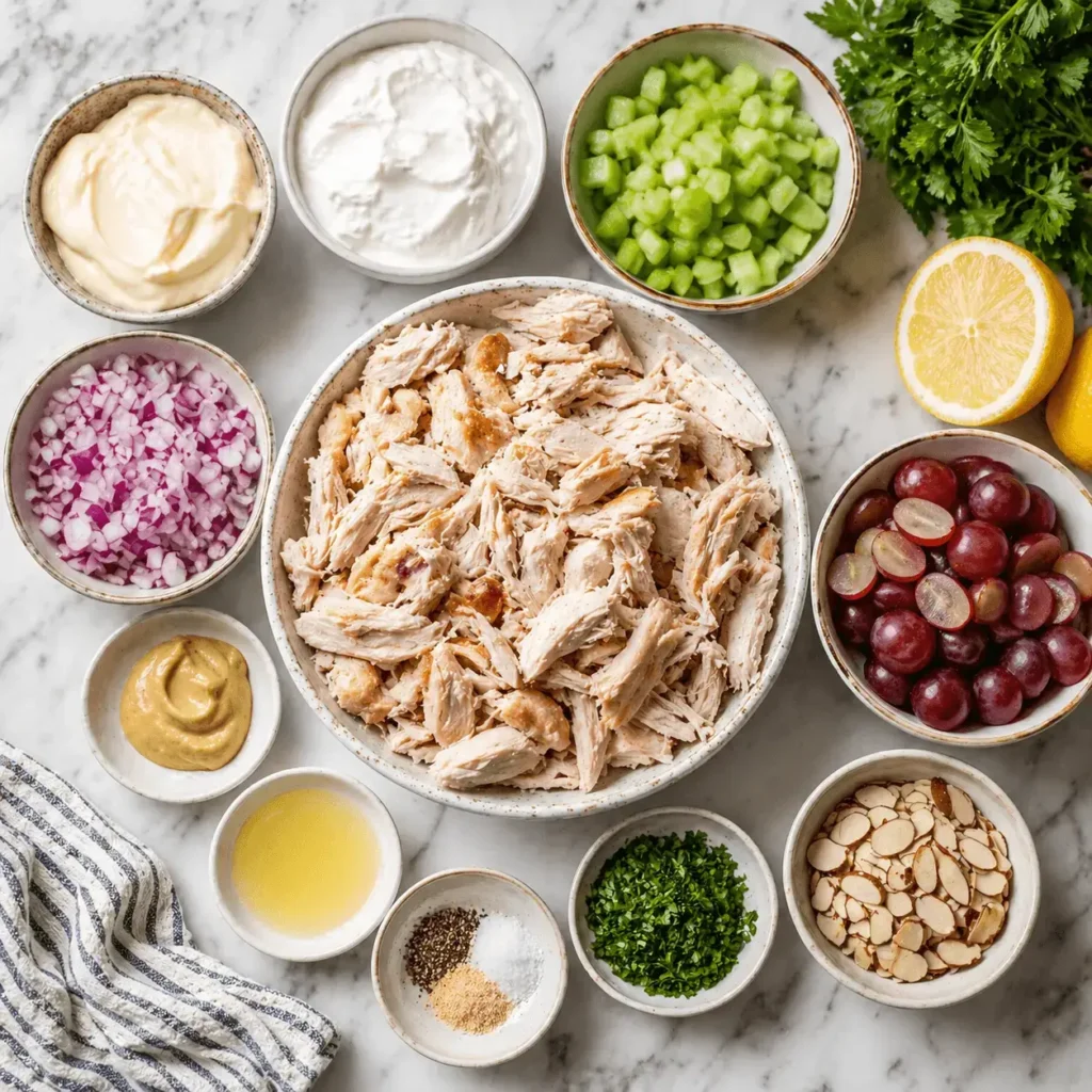 Ingredients for chicken salad with rotisserie chicken arranged on countertop