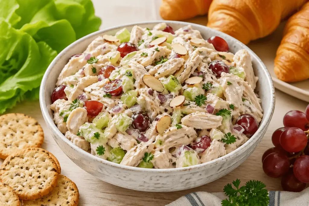 Chicken salad with rotisserie chicken served in a bowl with croissants and fresh ingredients