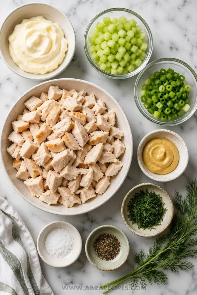 Ingredients for classic chicken salad recipe including chicken celery mayonnaise and dill