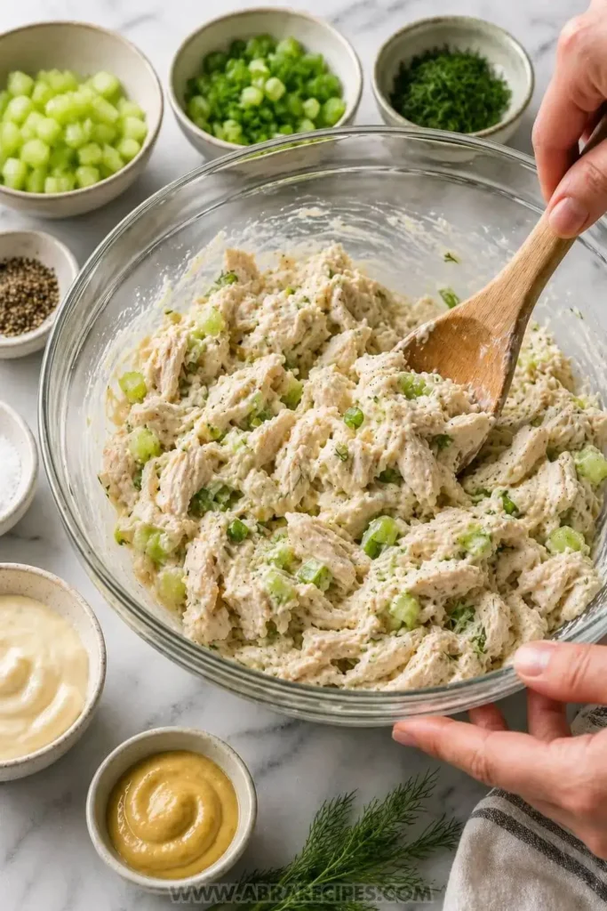 Mixing classic chicken salad recipe in bowl with creamy dressing