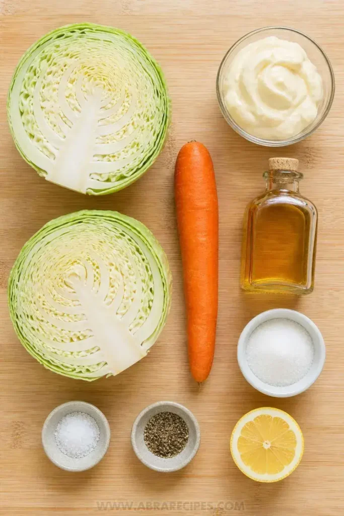 Ingredients for classic coleslaw including cabbage, carrot, mayonnaise, apple cider vinegar, and lemon