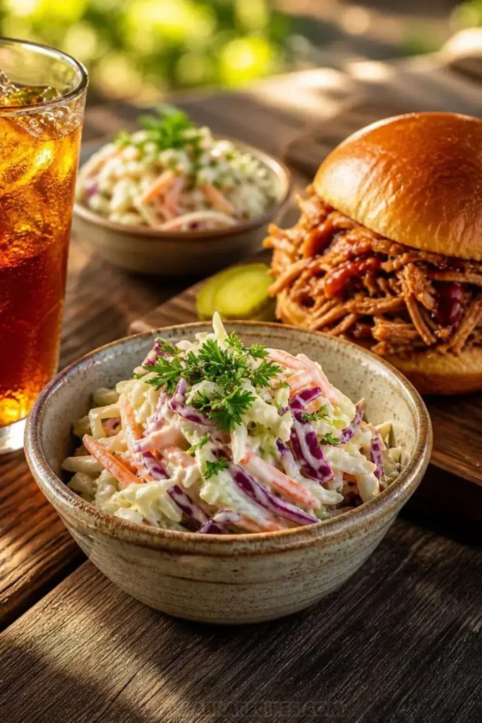 Classic coleslaw served in a bowl beside a pulled meat sandwich on a wooden table