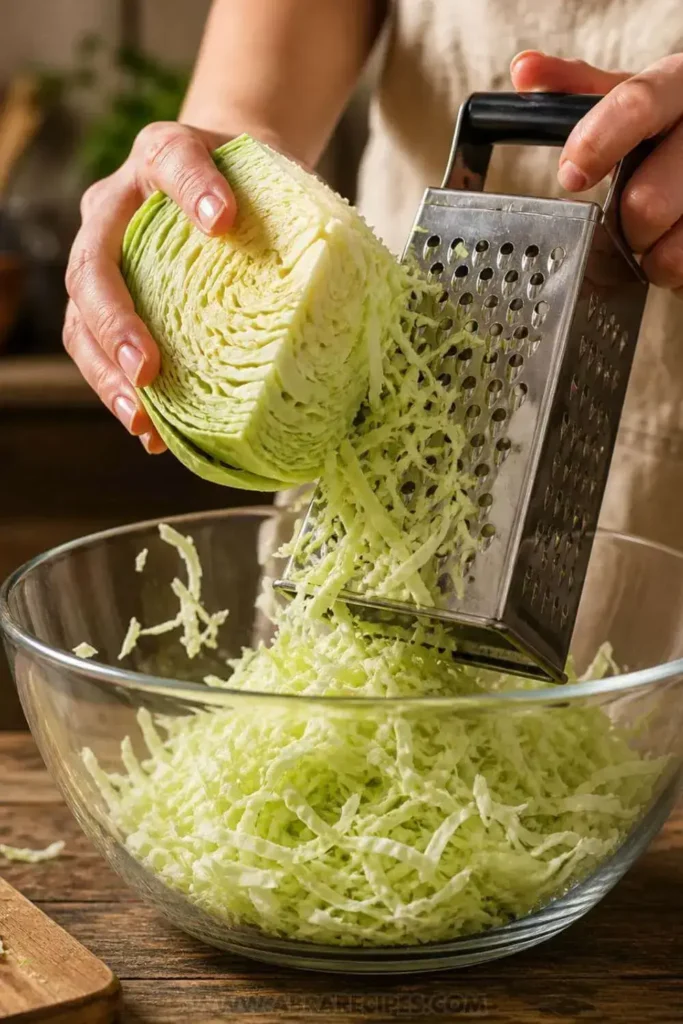 Shredding fresh green cabbage with a box grater for homemade classic coleslaw