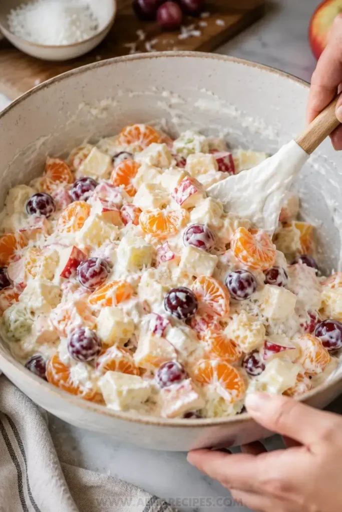 Folding Greek yogurt dressing into a bowl of mixed fruit to make creamy fruit salad recipe