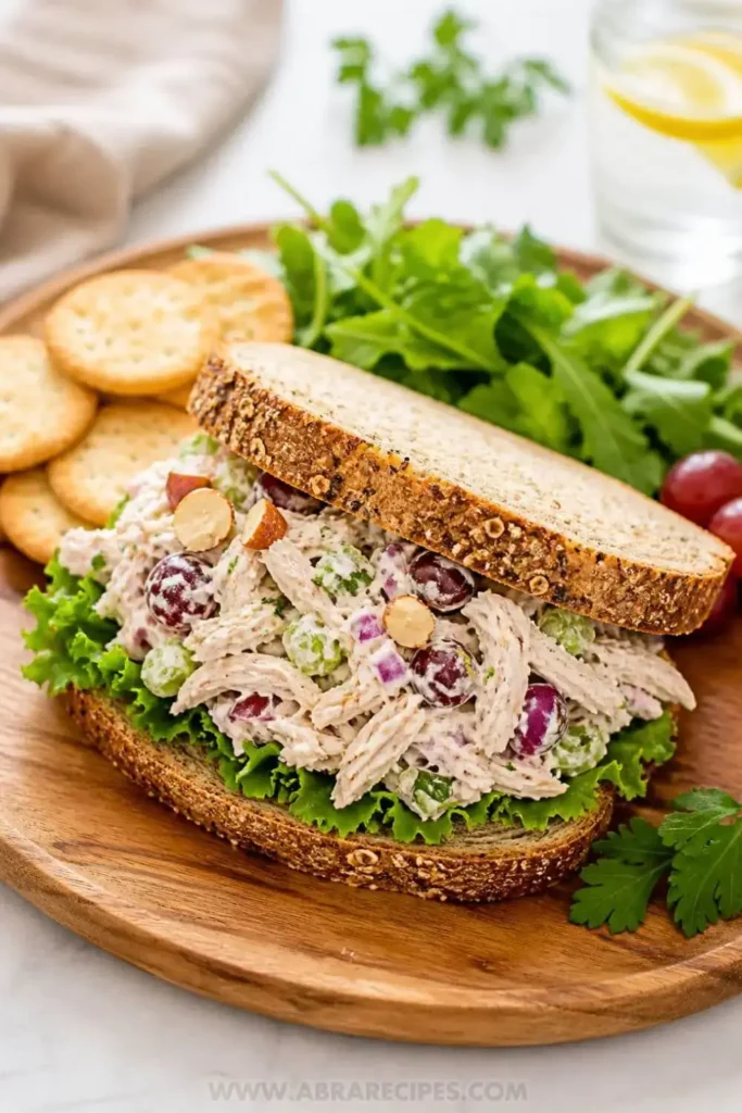 Greek yogurt chicken salad sandwich on whole grain bread