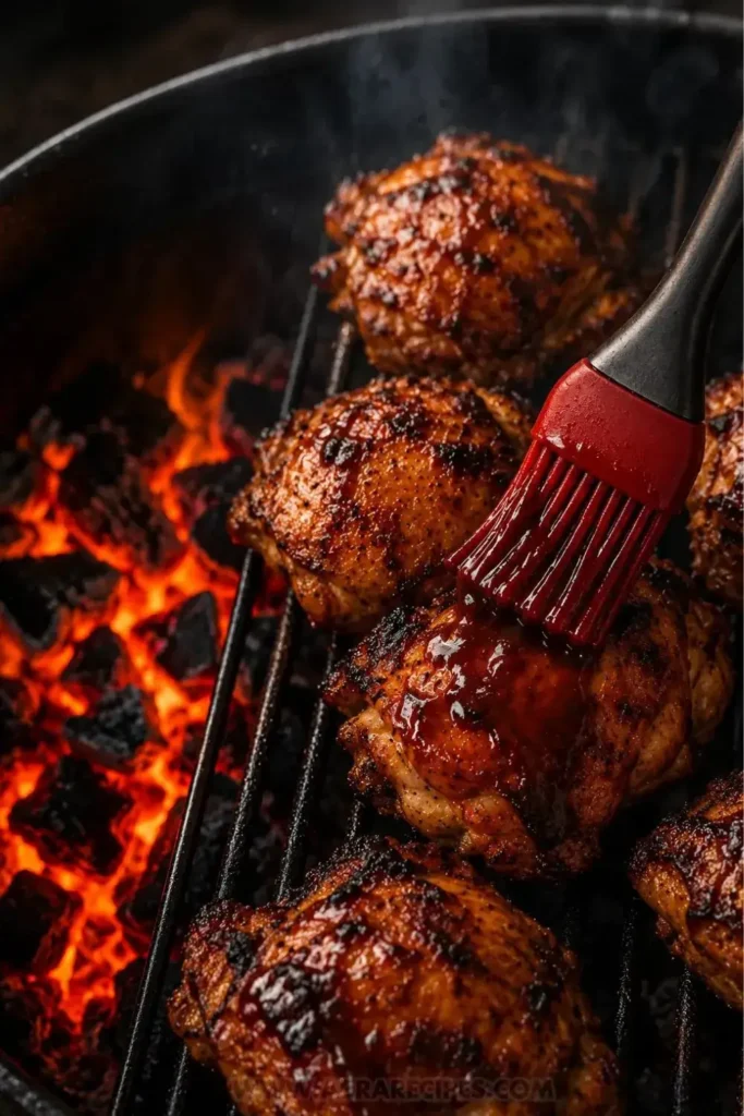 Basting bone-in BBQ chicken with red sauce on a charcoal grill using a pastry brush