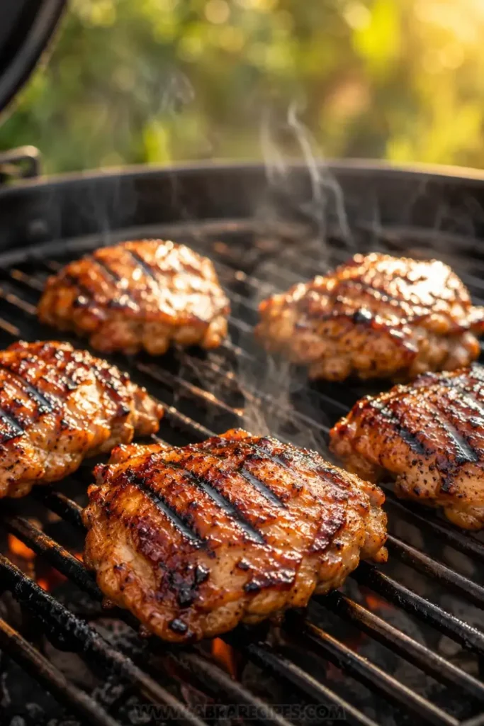 Chicken thighs with grill marks sizzling on a hot outdoor grill grate with steam rising and caramelized honey glaze