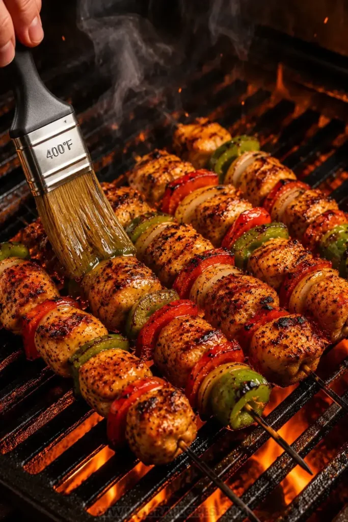 Chicken skewers being basted with olive oil on a hot grill with grill marks and smoke visible