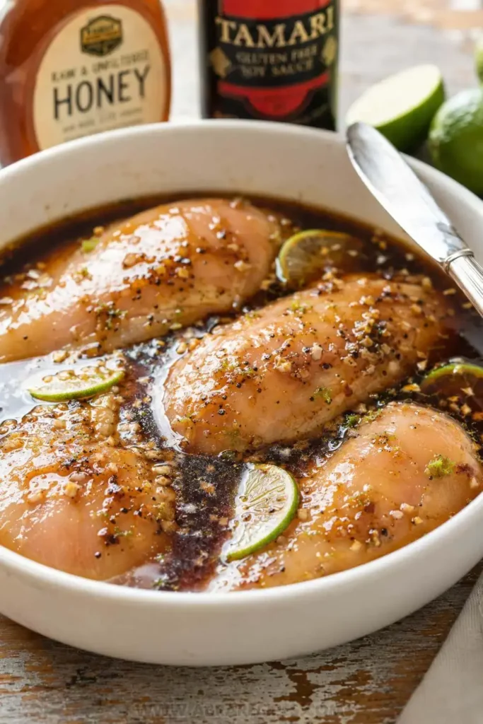 Raw chicken breasts marinating in honey lime soy sauce marinade in a white ceramic bowl