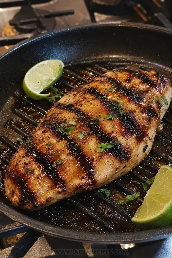 Honey lime marinated chicken breast searing in a cast iron grill pan with golden char marks and caramelized glaze forming on the surface