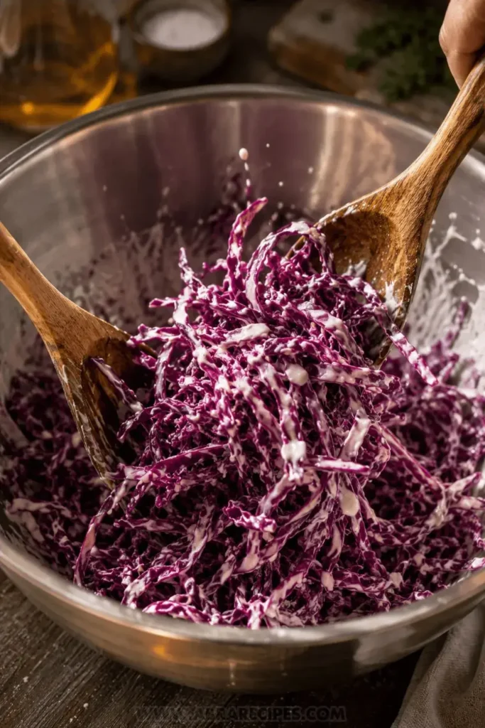 red cabbage with creamy dressing in a large mixing bowl using wooden tongs