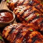 Juicy grilled BBQ chicken breasts glazed with homemade barbecue sauce.