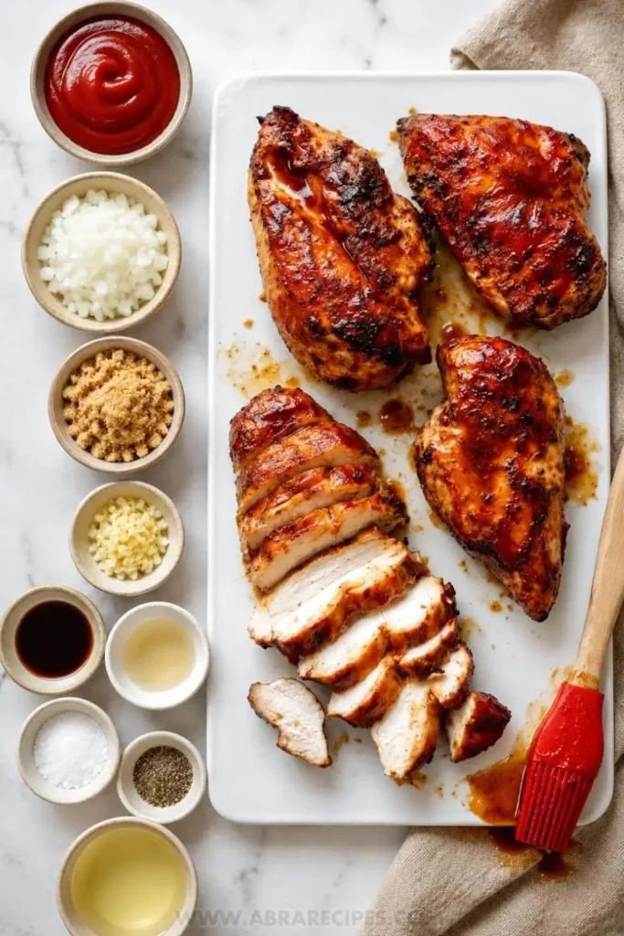 Juicy grilled BBQ chicken breasts glazed with homemade barbecue sauce.