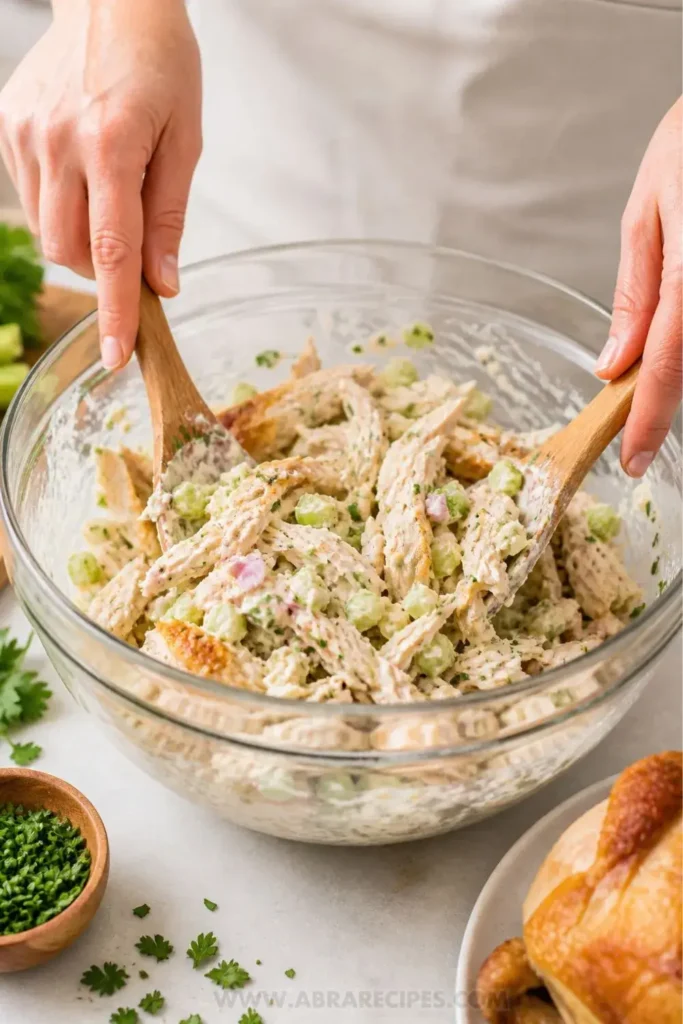 Mixing chicken salad with rotisserie chicken and creamy dressing in bowl